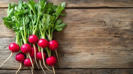 Poster - Radish bunch on rustic wooden background Copy space Top view : Generative AI