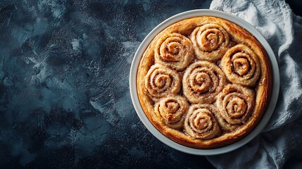 Poster - Cinnamon rolls buns cinnabons in baking dish Grey background Copy space Top view : Generative AI