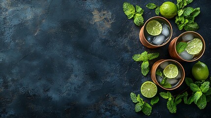 Poster - Cold Moscow Mules cocktail with ginger beer vodka lime and mint Grey stone background Top view : Generative AI