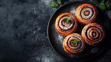 Poster - Cinnamon rolls buns cinnabons on black plate Dark background Close up Top view : Generative AI