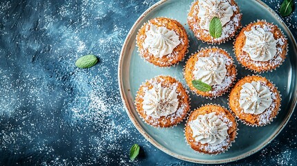 Poster - Healthy vegan carrot muffins with ricotta cheese on a plate Blue background Copy space Top view : Generative AI