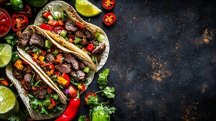 Poster - Taco with meat and vegetables Dark background Copy space Top view : Generative AI