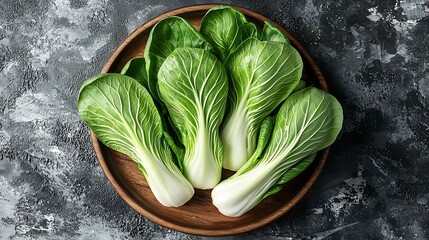 Poster - Bok choy fresh salad on wooden plate Grey background Top view Copy space : Generative AI