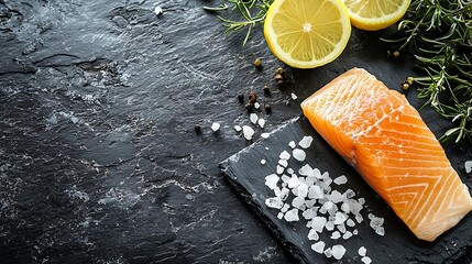 Poster - Salmon fillet with sea salt lemon on slate dark background Copy space Top view : Generative AI