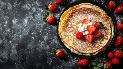 Poster - Crepes thin pancakes with cream cheese ricotta and fresh strawberries Marble background Top view : Generative AI
