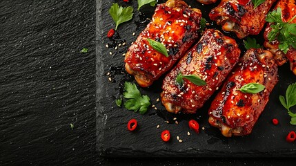 Poster - Chicken wings Traditional asian recipe Dark background Copy space Top view : Generative AI