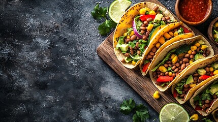 Poster - Vegetarian Taco with mixed vegetables beans on cutting board Grey background Close up : Generative AI