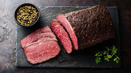 Poster - Roasted beef pastrami on slate cutting board Top view Copy space : Generative AI