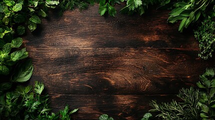 Poster - Assortment of fresh herbs Wooden background Top view : Generative AI