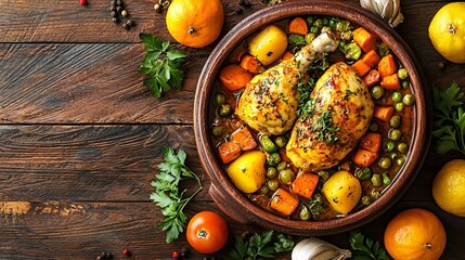 Aufkleber - Tagine with cooked chicken and vegetables Traditional moroccan cuisine Wooden background Copy space Top view : Generative AI