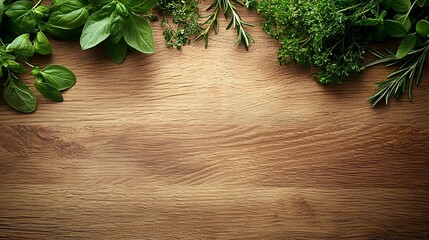 Poster - Assortment of fresh herbs Wooden background Copy space Top view : Generative AI
