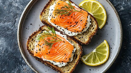 Poster - Sandwich toast with smoked salmon and cream cheese on plate Grey background Top view : Generative AI