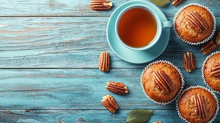 Poster - Banana muffins with pecan nuts and cup of tea Blue wooden background Top view : Generative AI