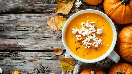 Poster - Pumpkin soup with salty popcorn in a white ceramic bowl with fresh pumpkin on a wooden background Top view : Generative AI