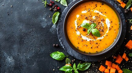 Poster - Pumpkin carrot cream soup in a bowl Grey background Top view Close up : Generative AI
