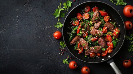Poster - Beef and vegetables stir fry in a pan Grey background Copy space : Generative AI