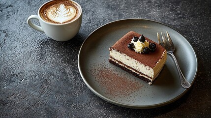 Poster - Tiramisu cake with chocolate decotaion on a plate with cup of coffee Grey stone background : Generative AI