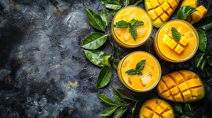Poster - Fresh tropical fruit smoothie mango juice and fresh mango Copy space Top view : Generative AI