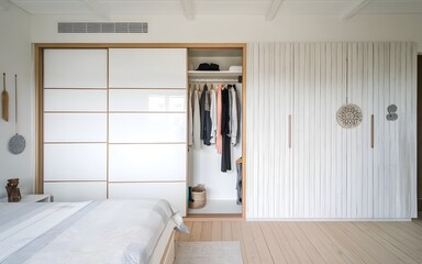 a Photo of White wooden wardrobe with sliding doors in scandinavian style interior design of modern bedroom. 