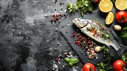 Poster - Sea bass fish on slate black board Raw ingredient for cooking grill roasting Top view Copy space : Generative AI