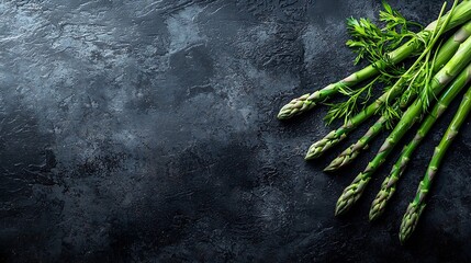 Poster - Asparagus sprouts on a black stone background Copy space Top view : Generative AI