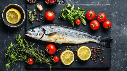 Poster - Raw fish sea bass on slate black board Ingredients for cooking grill roasting Top view : Generative AI