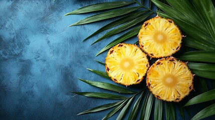 Poster - Fresh pineapple slices with palm leaf on blue background Top view Copy space : Generative AI