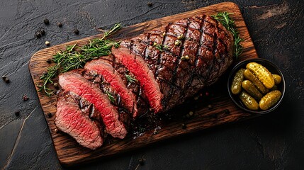 Poster - Roast beef on wooden cutting board with pickles Top view Copy space : Generative AI