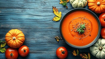 Poster - Pumpkin tomato cream soup in a bowl Blue wooden background Copy space Top view : Generative AI