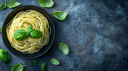 Poster - Pasta spaghetti with pesto sauce and fresh basil leaves in black bowl Grey background Copy space Top view : Generative AI