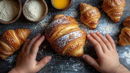 Poster - Croissants baking ingredients with father and kids hands holding fresh croissant Top view : Generative AI