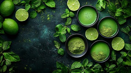 Poster - Ingredients for cooking matcha mint ice tea with limes Foodstyling process : Generative AI