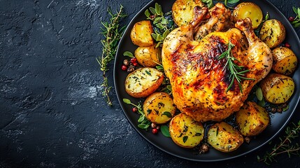 Poster - Roasted baked chicken with potatoes and herbs on dark plate Grey background Copy space Top view : Generative AI