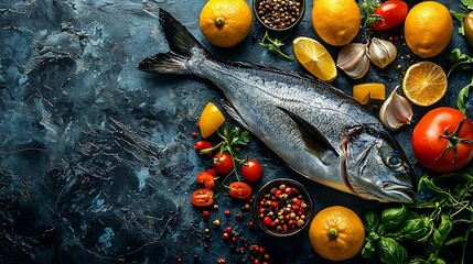 Poster - Raw Dorado fish with cooking ingredients Blue stone background Top view : Generative AI