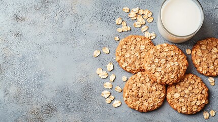 Poster - Healthy vegan oat cookies with milk Grey background Copy space Top view : Generative AI