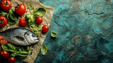 Poster - Dorado fish with cooking ingredients on a parchment paper Blue stone background Top view : Generative AI