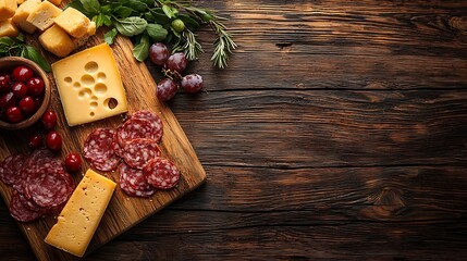 Aufkleber - Cheese and meat appetizers on cutting board on wooden background Top view : Generative AI
