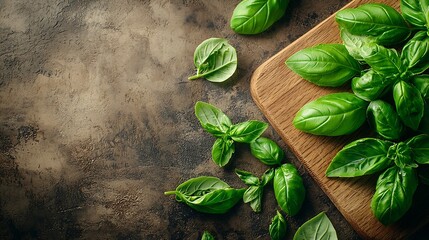 Poster - Fresh basil on wooden chopping board Grey background Top view : Generative AI