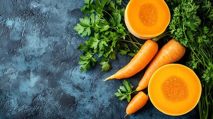 Poster - Pumpkin and carrot soup with parsley on blue stone background Top view : Generative AI