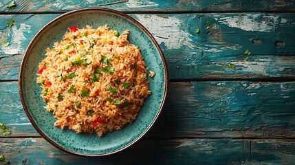 Poster - Asian fried rice Cantonese cuisine Blue wooden background Top view Copy space : Generative AI