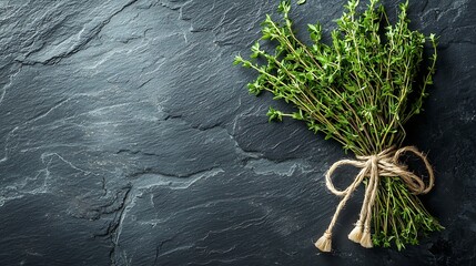 Poster - Fresh thyme bunch on slate background Copy space Top view : Generative AI