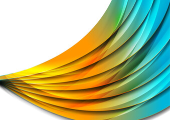 Wall Mural - Bright blue and orange abstract glossy waves corporate background. Futuristic wavy vector design