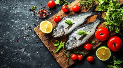 Poster - Fresh Dorado fishes on a wooden cutting board with vegetables herbs and spices Black stone background Top view : Generative AI
