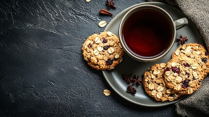 Poster - Healthy vegan oat cookies with cup of tea Grey background Top view : Generative AI