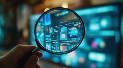 Poster - A hand holding a magnifying glass over a digital screen displaying various data visualizations.