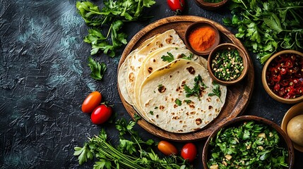 Poster - Tortillas flat breads on grey textile background Copy space Top view : Generative AI