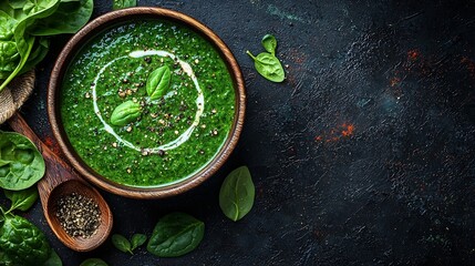 Poster - Spinach soup with cream in a bowl Top view : Generative AI
