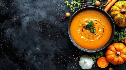 Poster - Pumpkin and carrot cream soup in bowl Grey background Close up Top view : Generative AI
