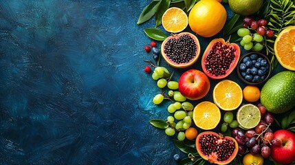 Poster - Assortment of tropical exotic fruits Blue background Copy space Top view : Generative AI