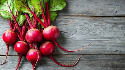 Poster - Beet beetroot bunch on grey wooden background Top view Copy space : Generative AI